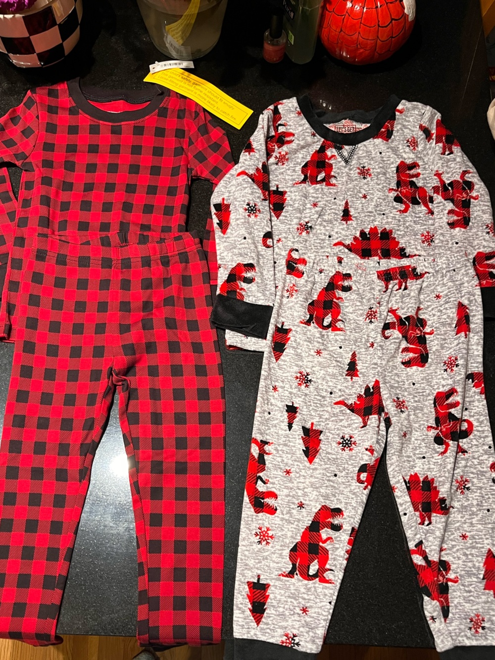 Kids Red Buffalo Plaid & Grey Holiday Dino Pajama Set